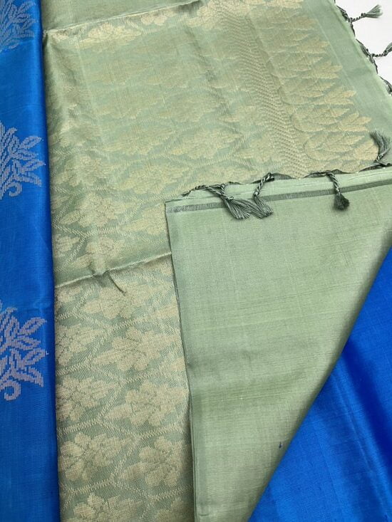 Handloom Pure Soft Silk Saree in Bhutta Design – Peacock Blue with Mint Green