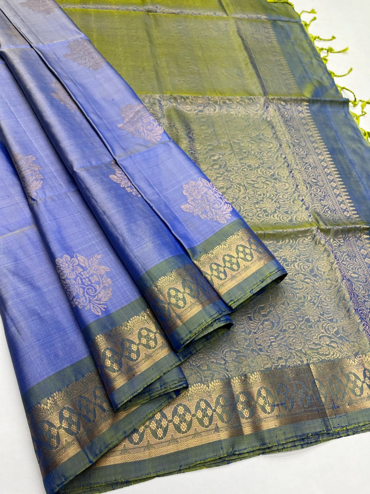 Purplish Blue & Green - Soft Silk Saree