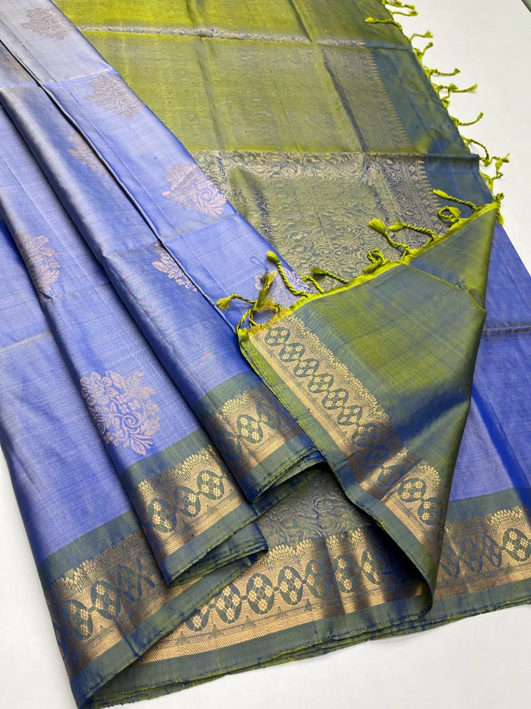 Purplish Blue & Green - Soft Silk Saree