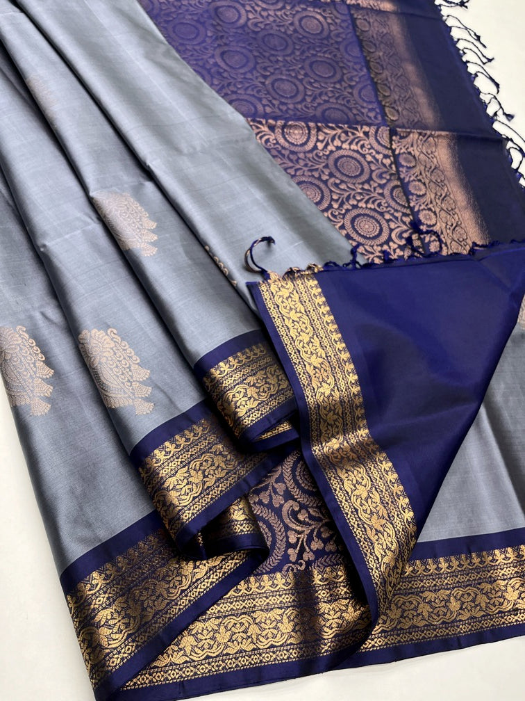 Grey & Navy Blue - Soft Silk Saree