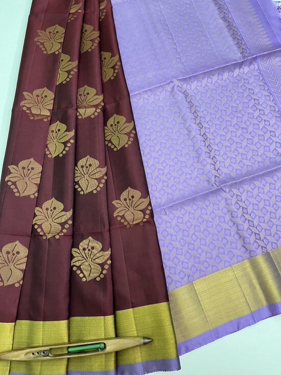 Handloom Pure Soft Silk Saree in Bhutta design – Brown with Lavender combo