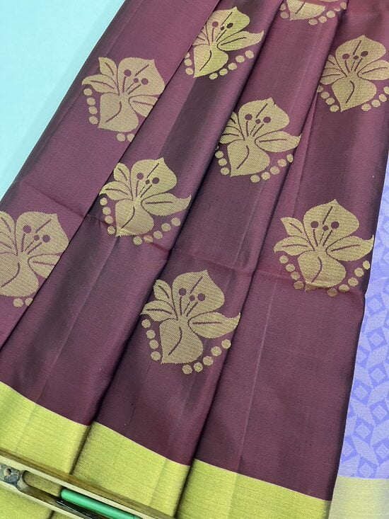 Handloom Pure Soft Silk Saree in Bhutta design – Brown with Lavender combo