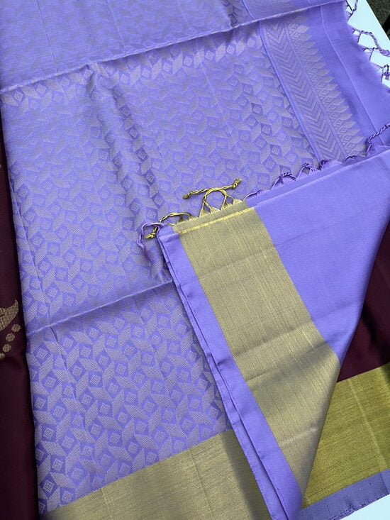 Handloom Pure Soft Silk Saree in Bhutta design – Brown with Lavender combo