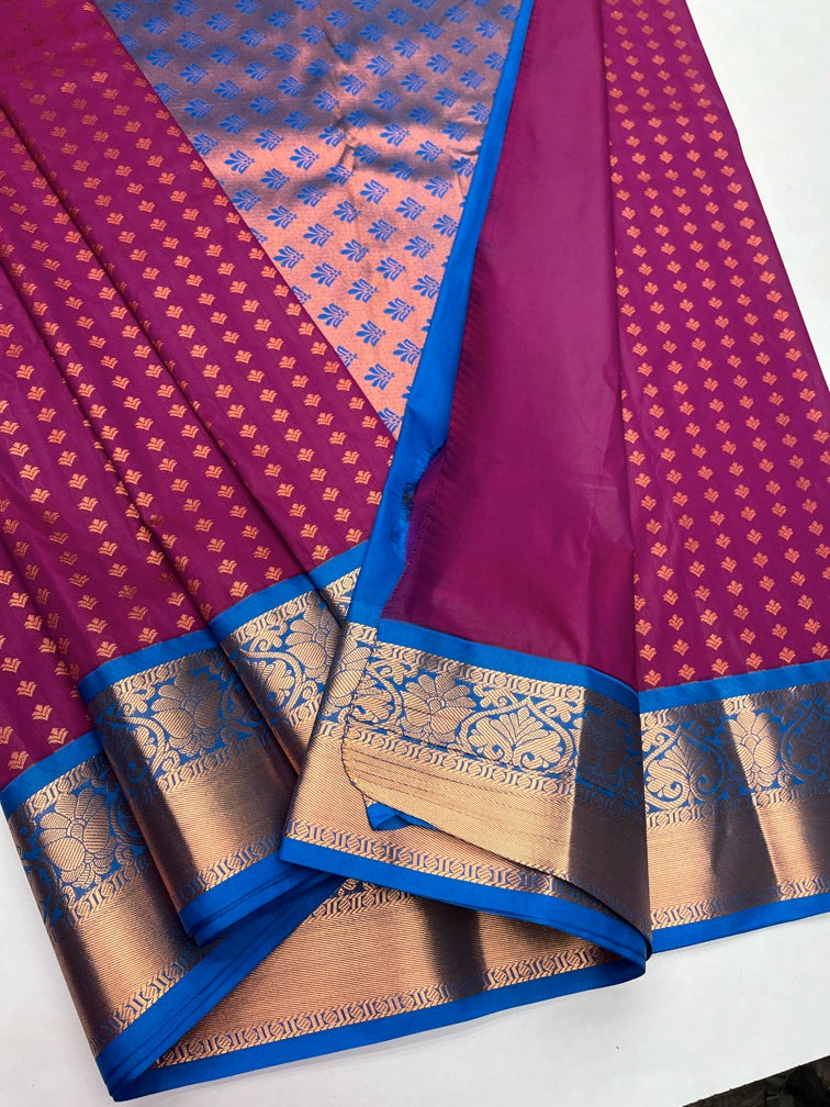 Magenta  Pink  & Blue - Kanjeevaram Semi Silk  Saree