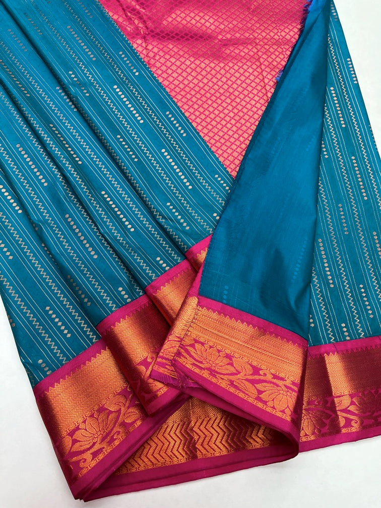 Teal Green  & Pink  - Kanjeevaram Semi Silk Saree