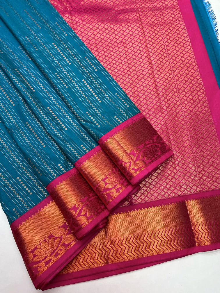 Teal Green  & Pink  - Kanjeevaram Semi Silk Saree