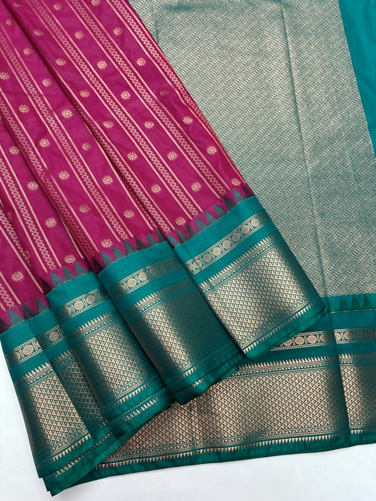 Magenta Pink  & Green - Kanjeevaram Semi Silk Saree