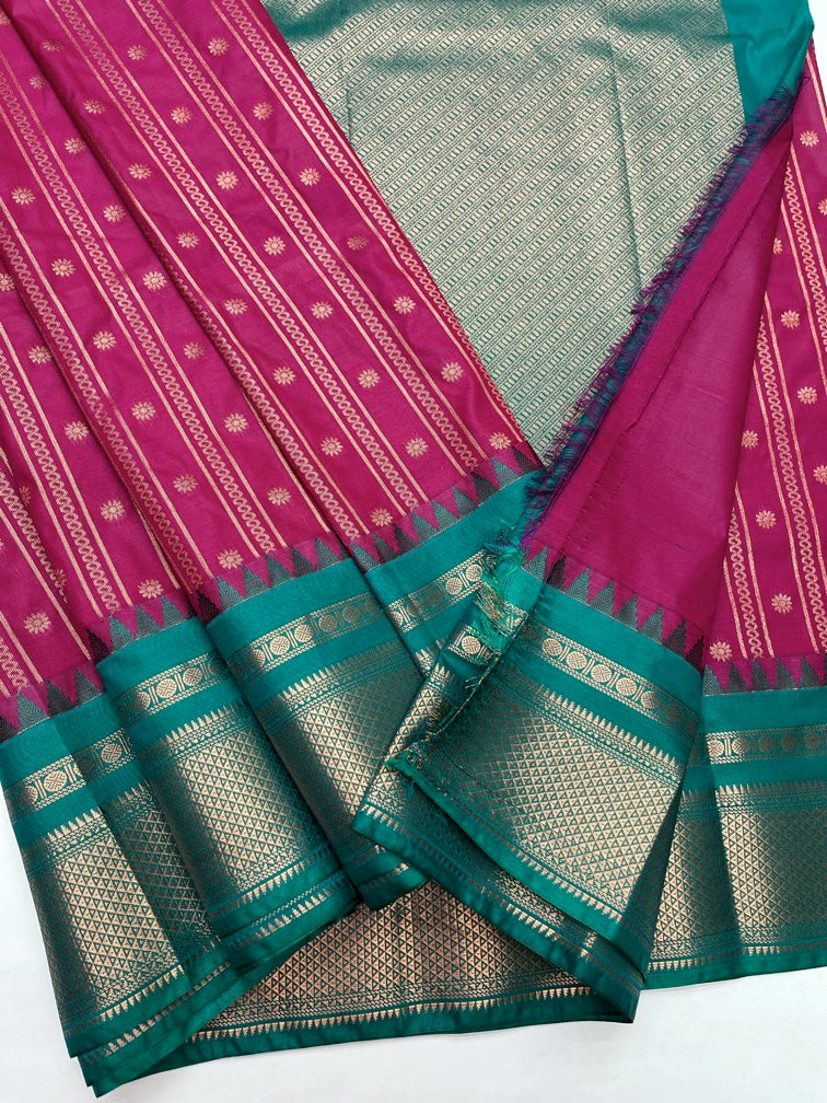 Magenta Pink  & Green - Kanjeevaram Semi Silk Saree