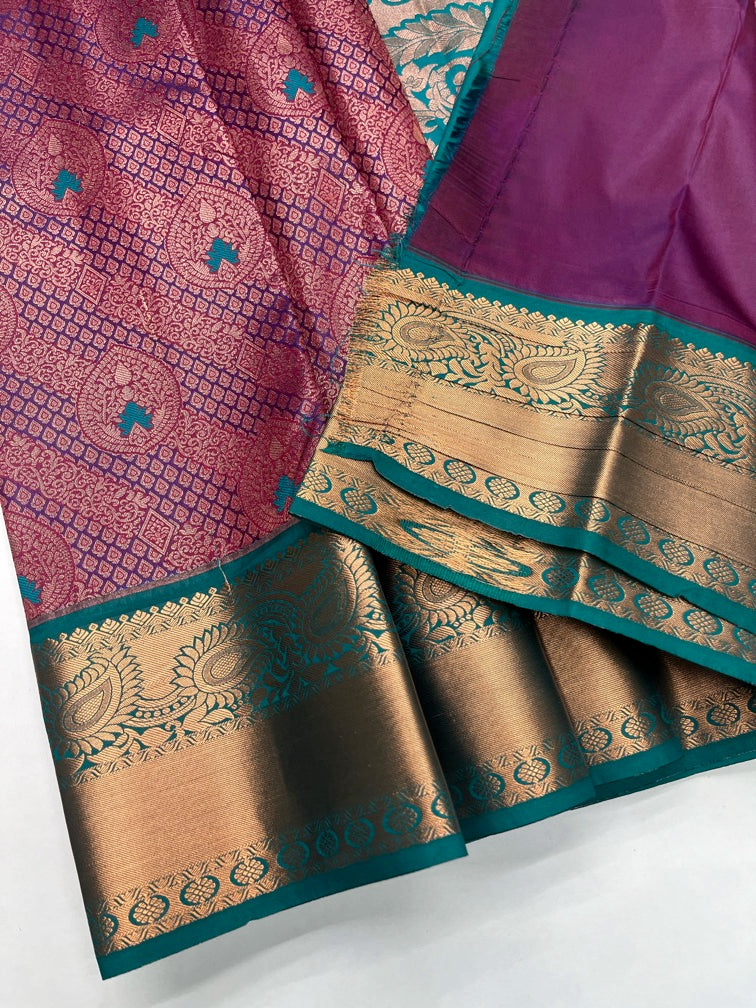 Magenta Pink & Rama Green - Semi Silk Saree