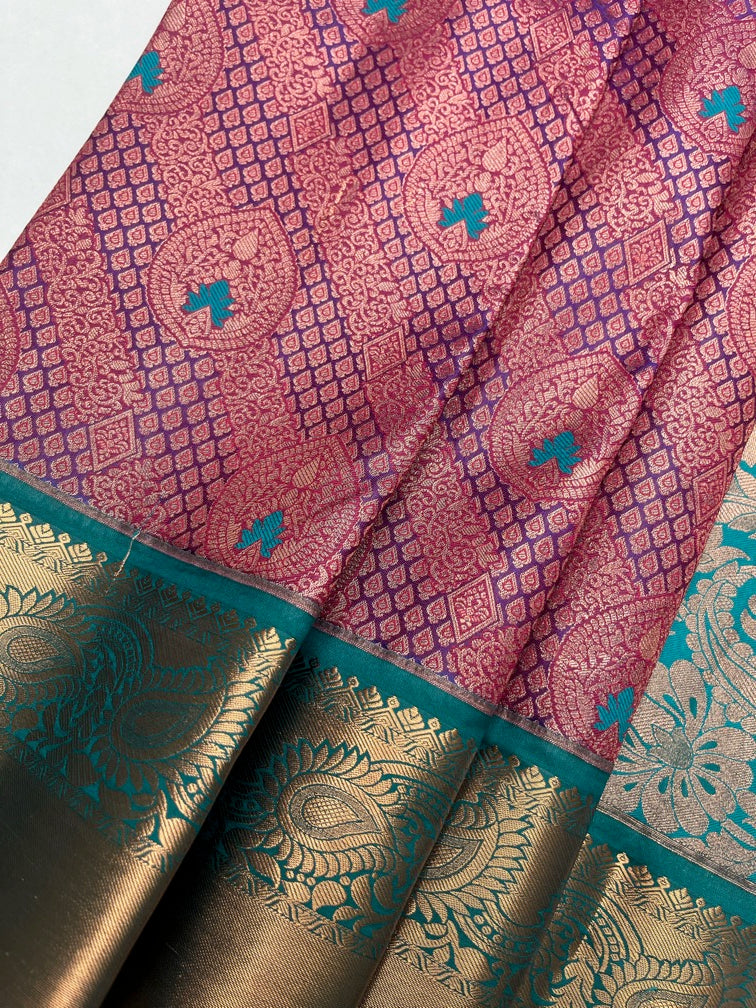 Magenta Pink & Rama Green - Semi Silk Saree