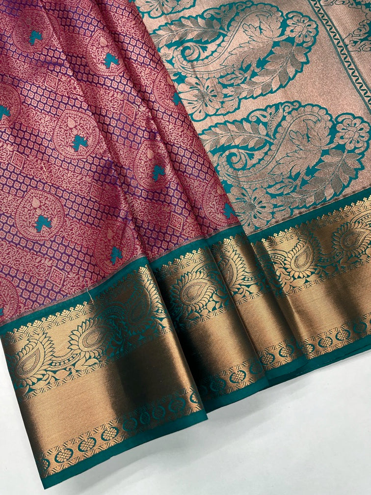 Magenta Pink & Rama Green - Semi Silk Saree