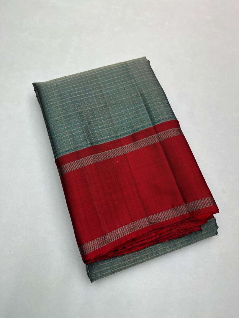 Beautiful Handloom Soft Silk Checked saree in Metal Grey with Maroon