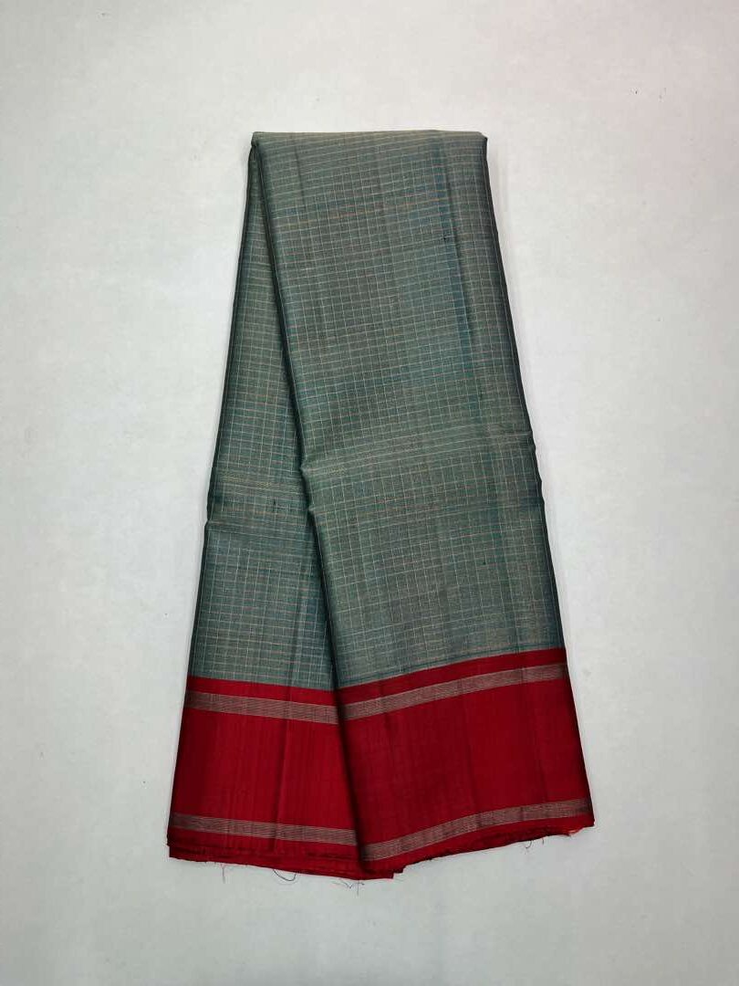 Beautiful Handloom Soft Silk Checked saree in Metal Grey with Maroon