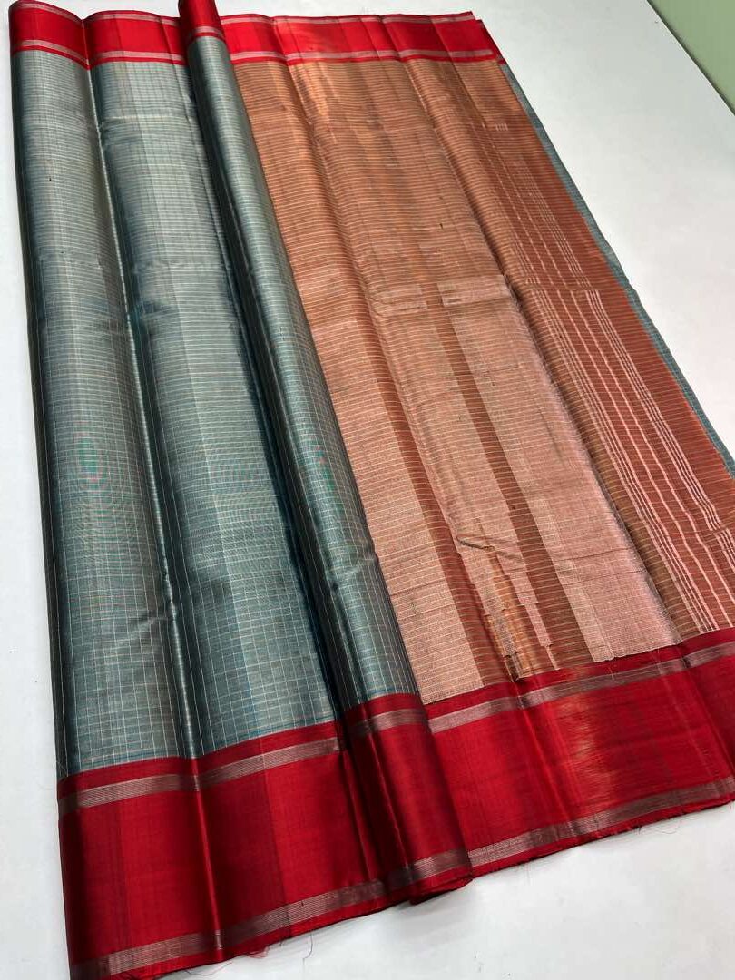 Beautiful Handloom Soft Silk Checked saree in Metal Grey with Maroon