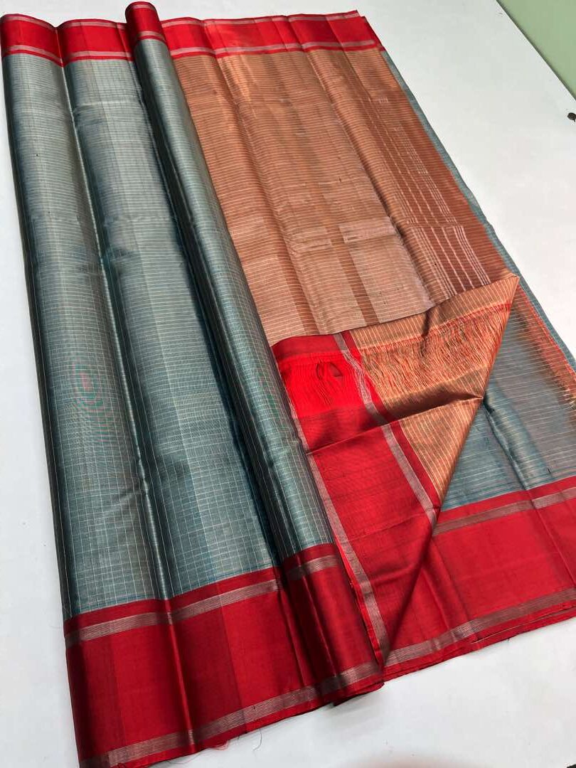 Beautiful Handloom Soft Silk Checked saree in Metal Grey with Maroon