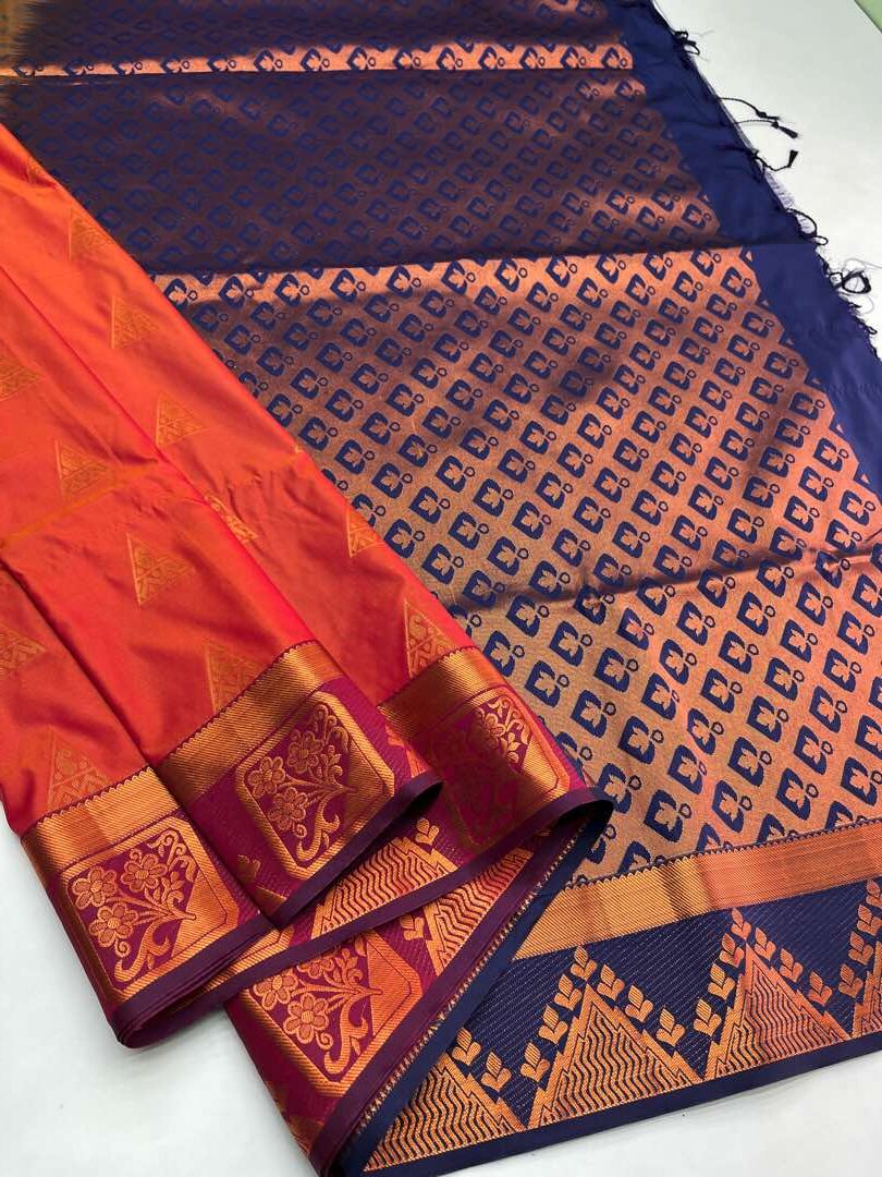 Semi  silk  Bhutta saree in Orangish Pink with Blue