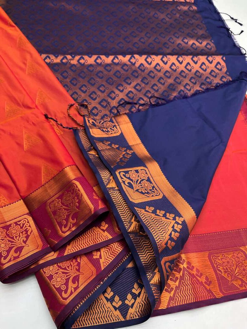 Semi  silk  Bhutta saree in Orangish Pink with Blue