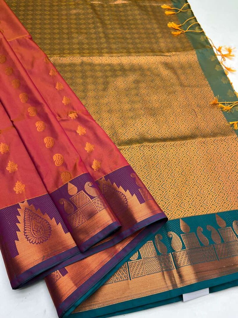 Semi  silk  Bhutta saree in Orangish pink with Yellow cross Blue