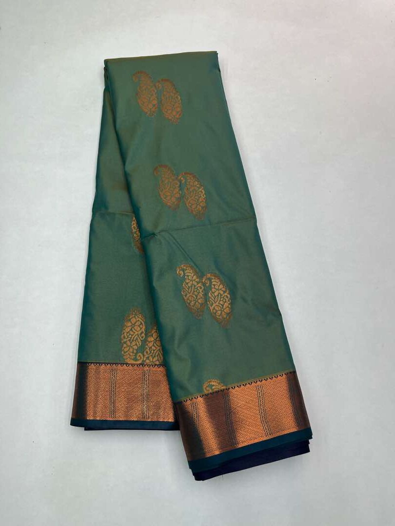 GREEN & YELLOW CROSS BLUE - SEMI SILK SAREE