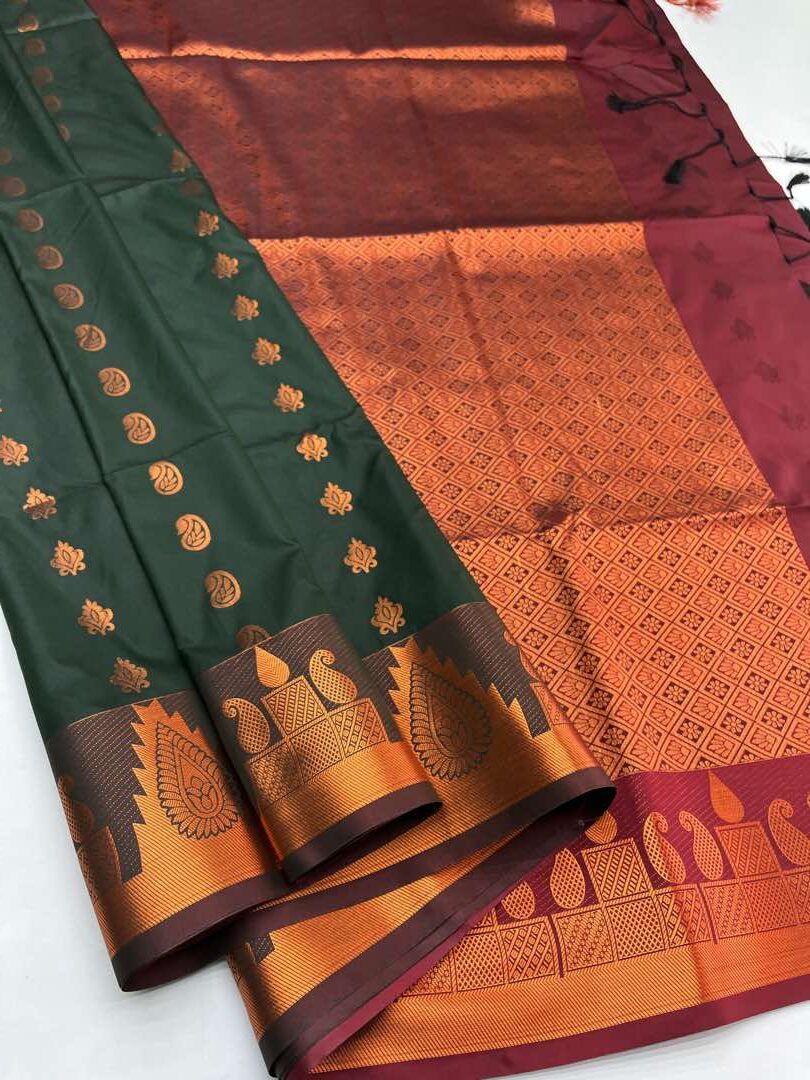 Semi  silk  Bhutta saree in Dark Green with Maroon