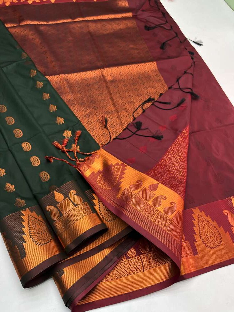 Semi  silk  Bhutta saree in Dark Green with Maroon