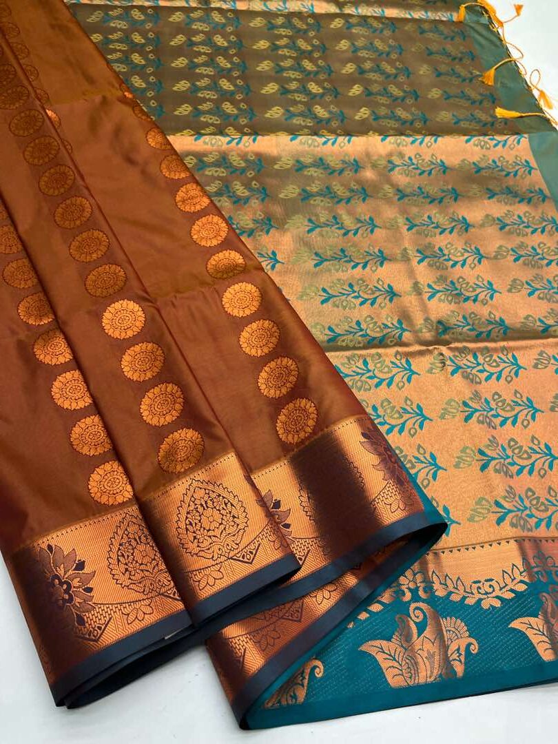 Semi  silk  Bhutta saree in Honey color with Teal Green