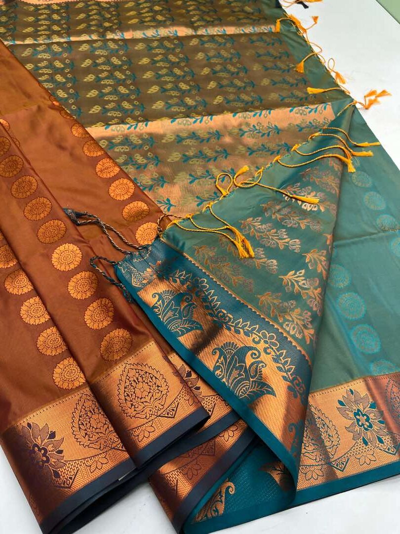 Semi  silk  Bhutta saree in Honey color with Teal Green