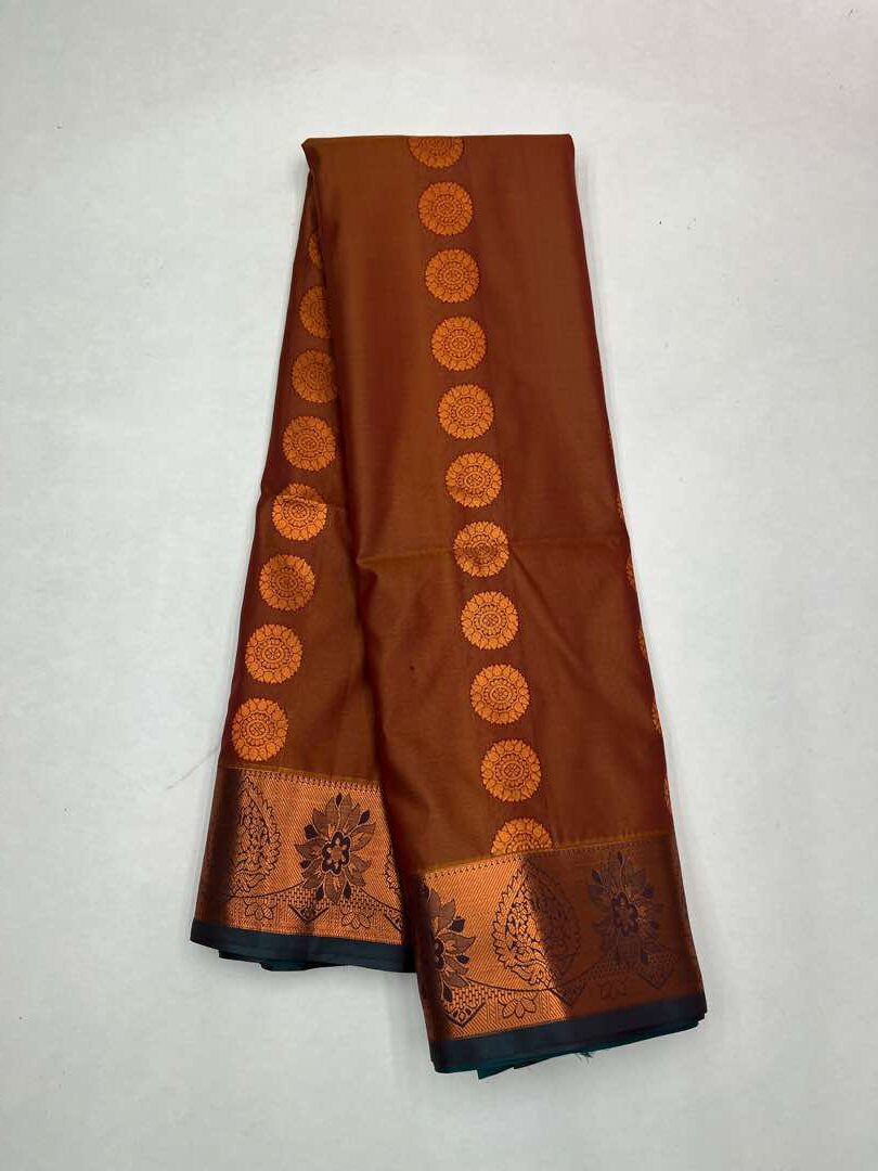 Semi  silk  Bhutta saree in Honey color with Teal Green