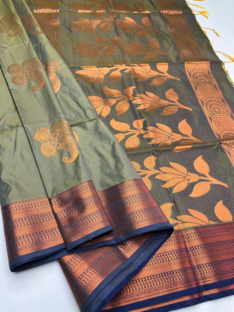 Semi  silk  Bhutta saree in Dual tone Green with Yellow cross Blue