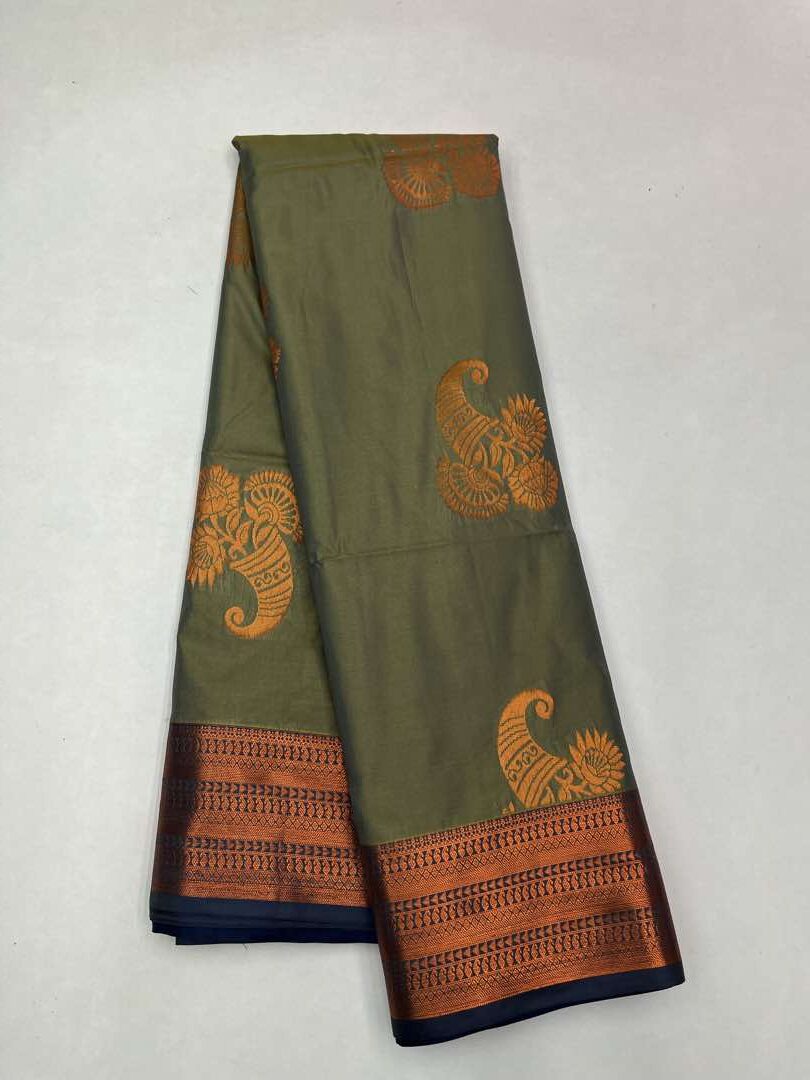 DUAL TONE GREEN & YELLOW CROSS BLUE - SEMI SILK SAREE