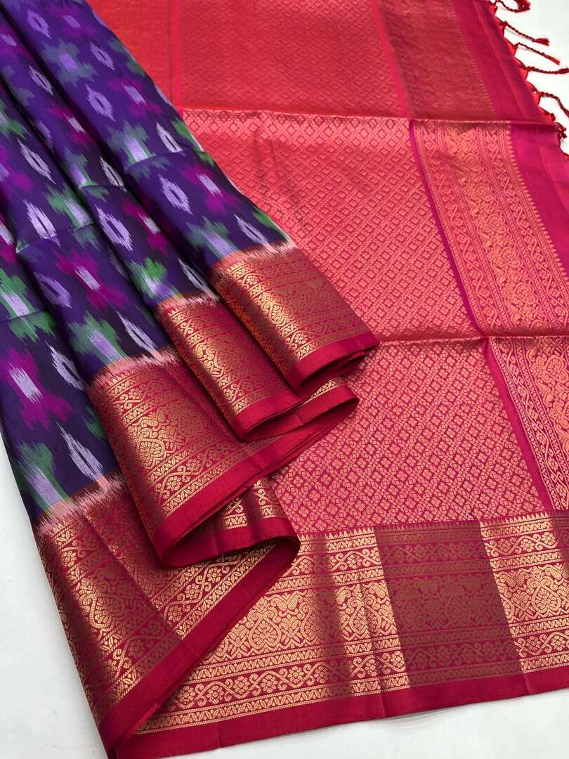 Beautiful  Handloom Soft Silk Pochampally saree in Violet with Orangish Pink