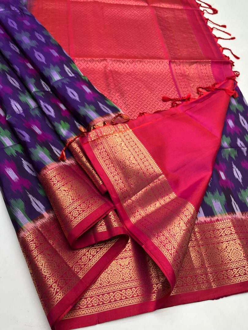 Beautiful  Handloom Soft Silk Pochampally saree in Violet with Orangish Pink