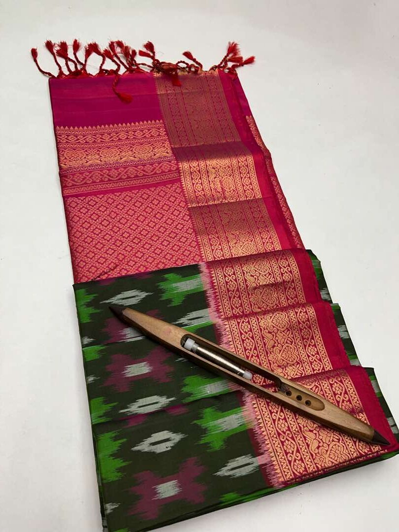 Beautiful  Handloom Soft Silk Pochampally saree in Green with Orangish Pink