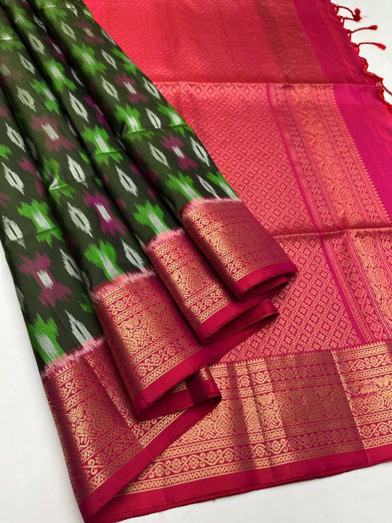 Beautiful  Handloom Soft Silk Pochampally saree in Green with Orangish Pink