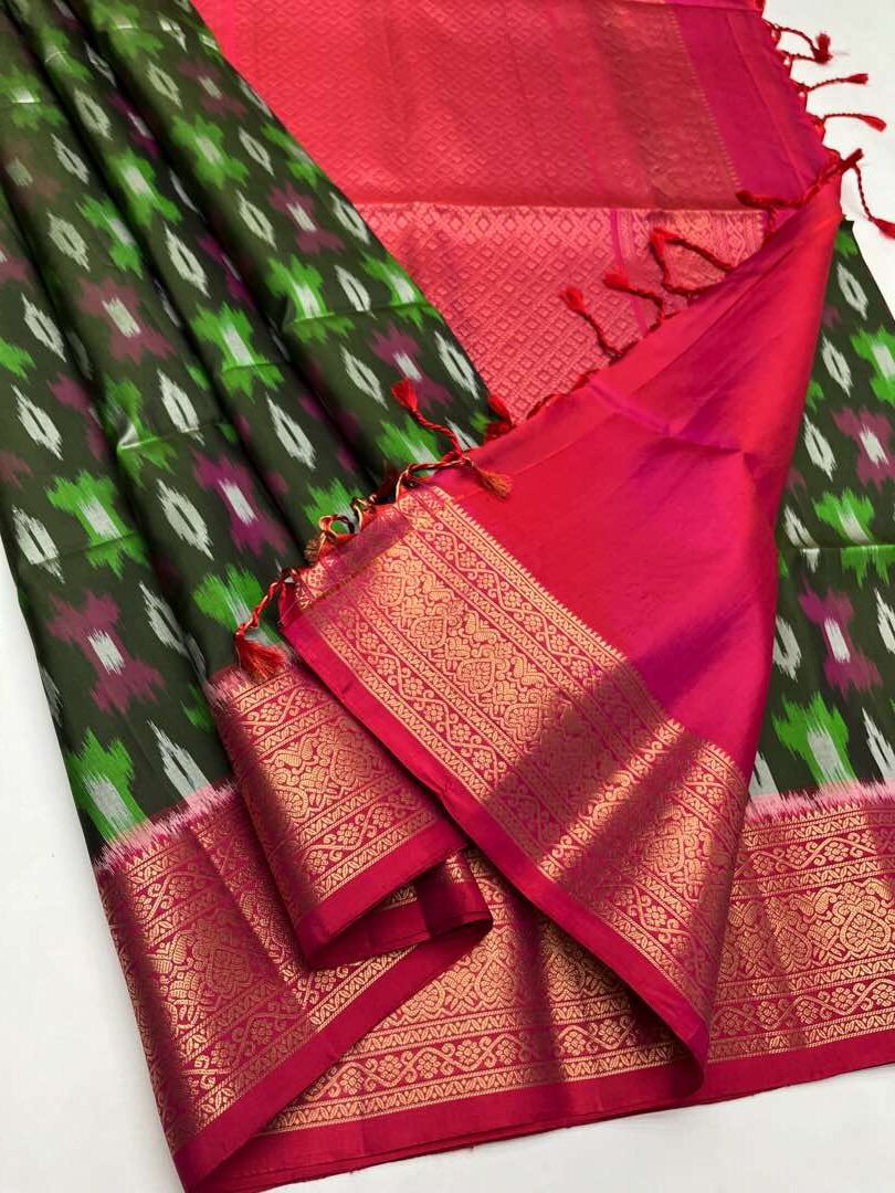 Beautiful  Handloom Soft Silk Pochampally saree in Green with Orangish Pink