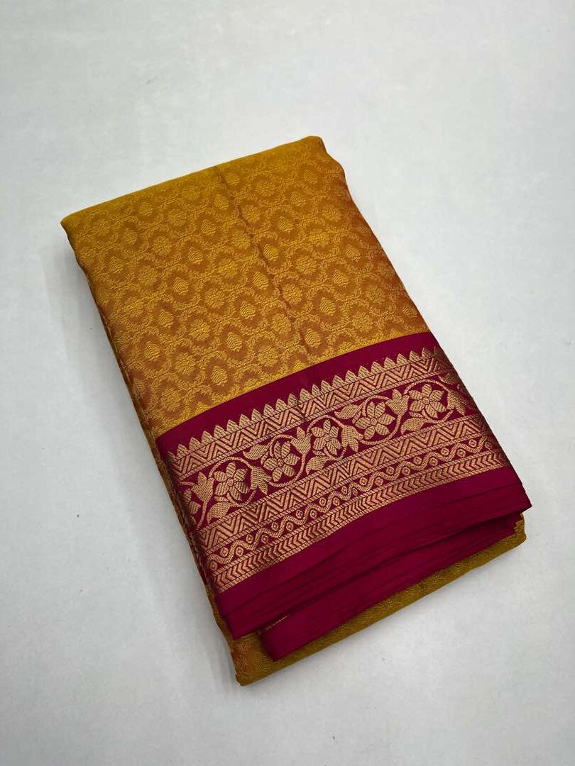 Beautiful Handloom Soft Silk Empose Design saree in Yellow with Pink