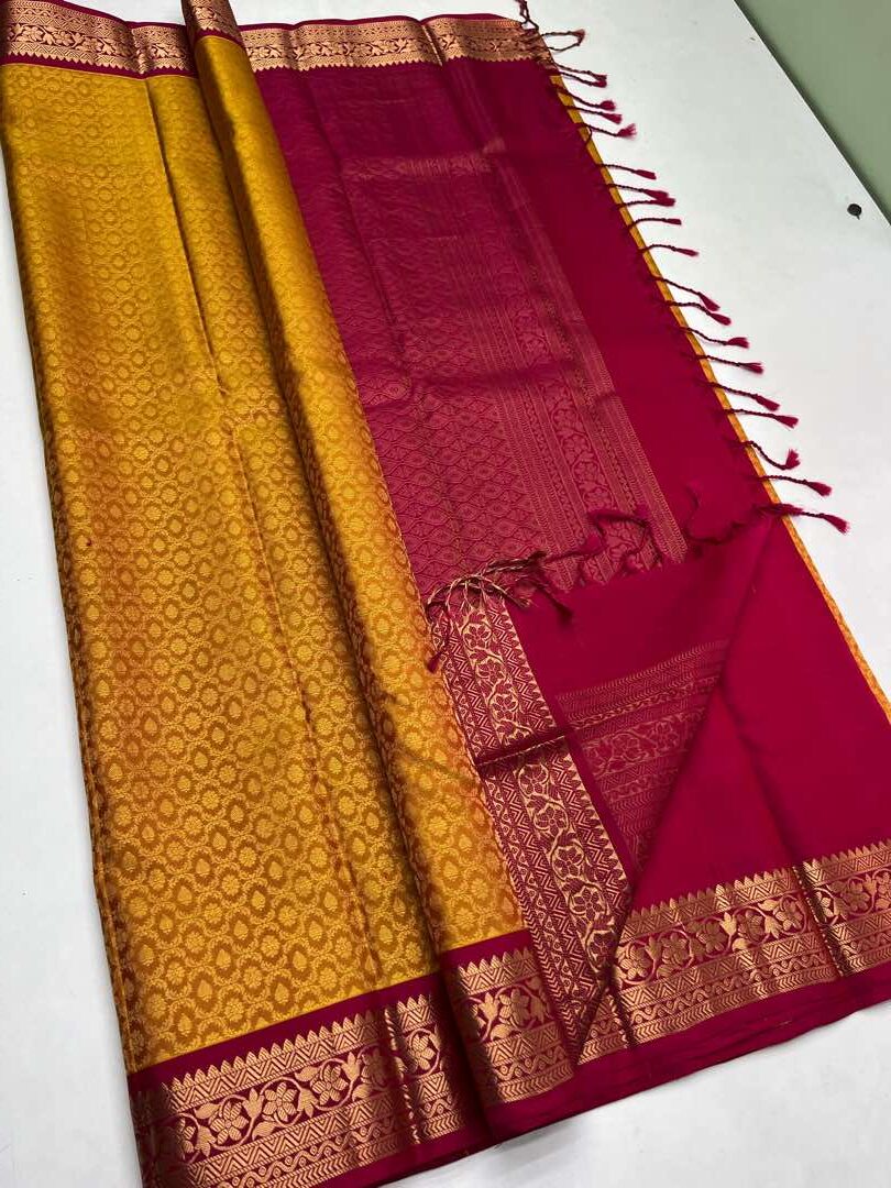 Beautiful Handloom Soft Silk Empose Design saree in Yellow with Pink