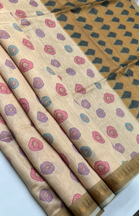 Beige - Chanderi Cotton Saree