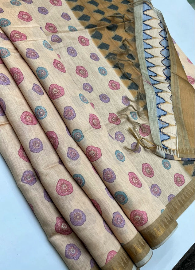 Beige - Chanderi Cotton Saree