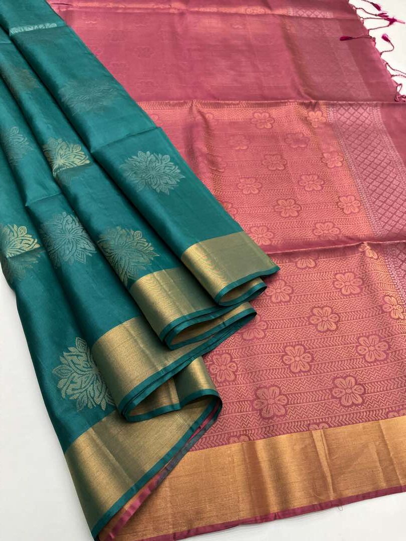 Beautiful Handloom Soft Silk Bhutta saree in Teal Green with Pink