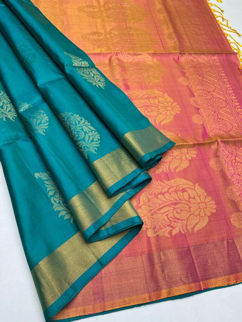 Beautiful Handloom Soft Silk Bhutta saree in Teal Blue with Yellowish Pink