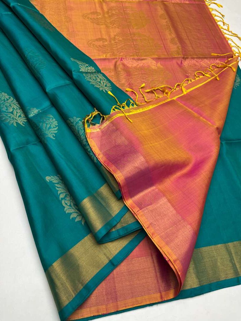 Beautiful Handloom Soft Silk Bhutta saree in Teal Blue with Yellowish Pink