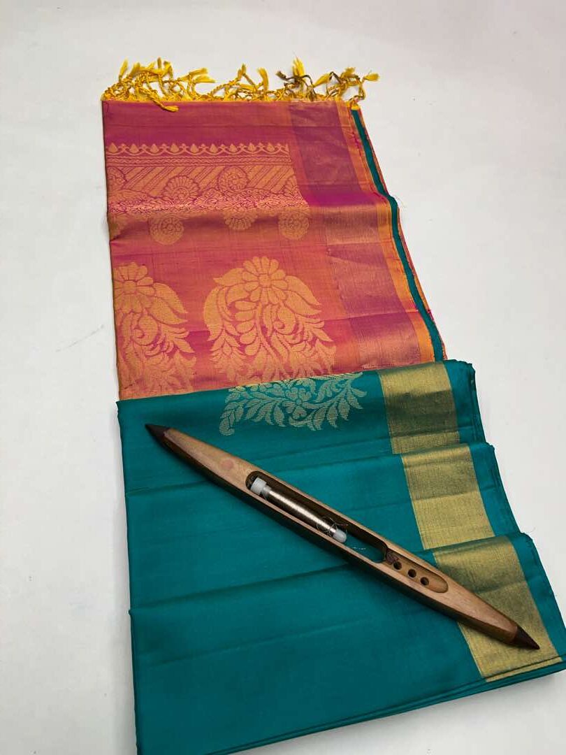 Beautiful Handloom Soft Silk Bhutta saree in Teal Blue with Yellowish Pink