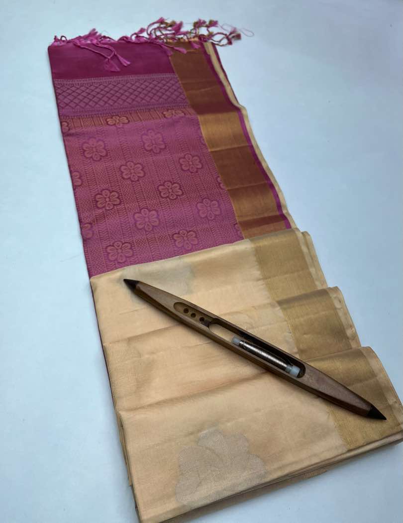 Beautiful Handloom Soft Silk Bhutta saree in Sandal with Pink