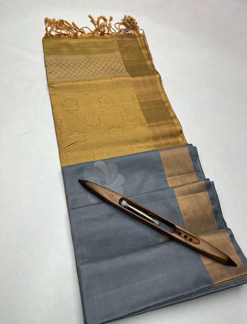 Beautiful Handloom Soft Silk Bhutta saree in Grey with Sandal