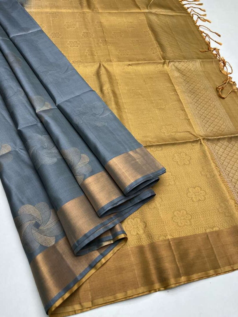 Beautiful Handloom Soft Silk Bhutta saree in Grey with Sandal