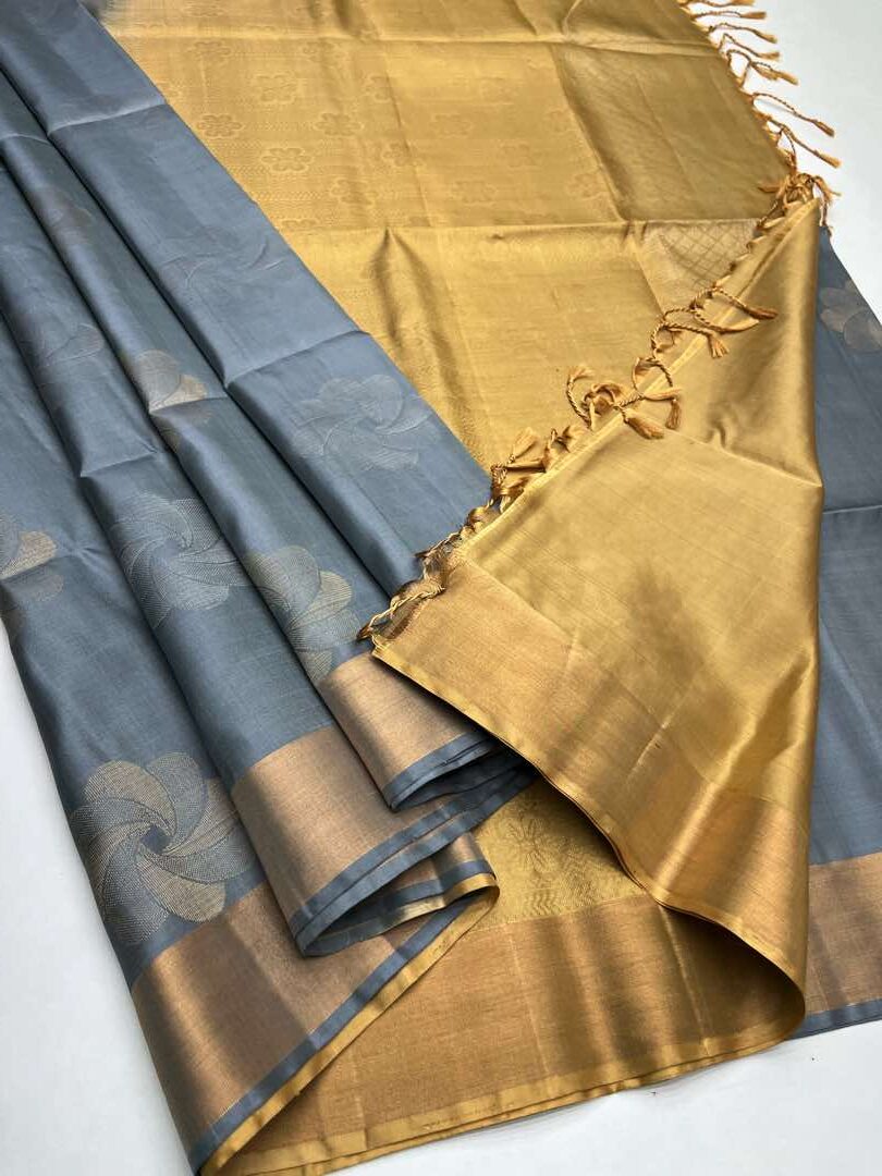 Beautiful Handloom Soft Silk Bhutta saree in Grey with Sandal