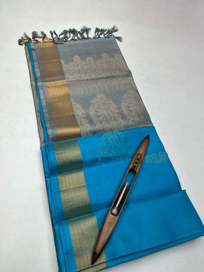 Beautiful Handloom Soft Silk Bhutta saree inBlue with Grey