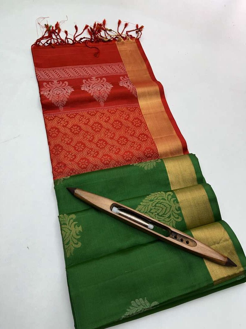 Beautiful Handloom Soft Silk Bhutta saree in Green with Orange