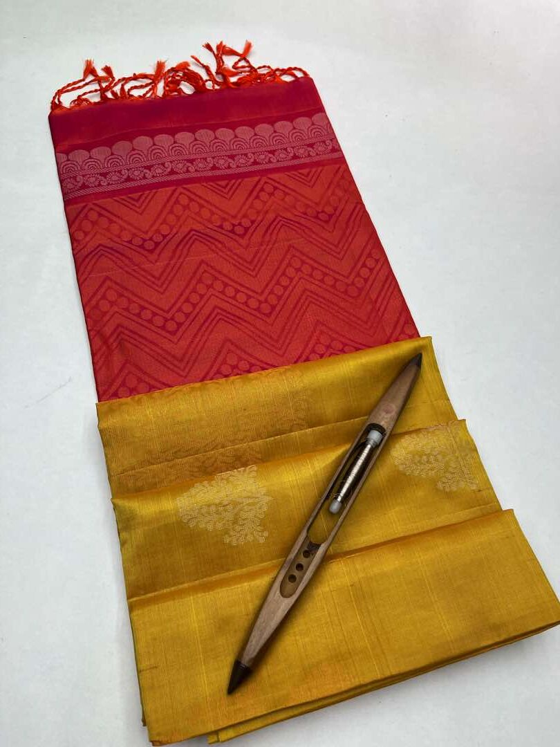 Beautiful Handloom Soft Silk Bhutta saree in Yellow with Orangish Pink